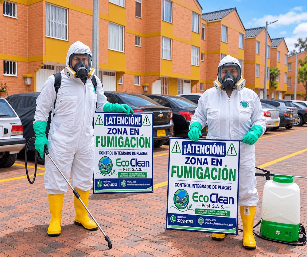 Técnicos de Eco Clean Pest realizando control de plagas en un conjunto residencial